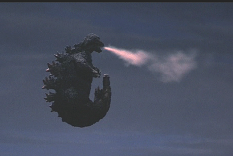 Godzilla uses his atomic breathe to propel him into the air.